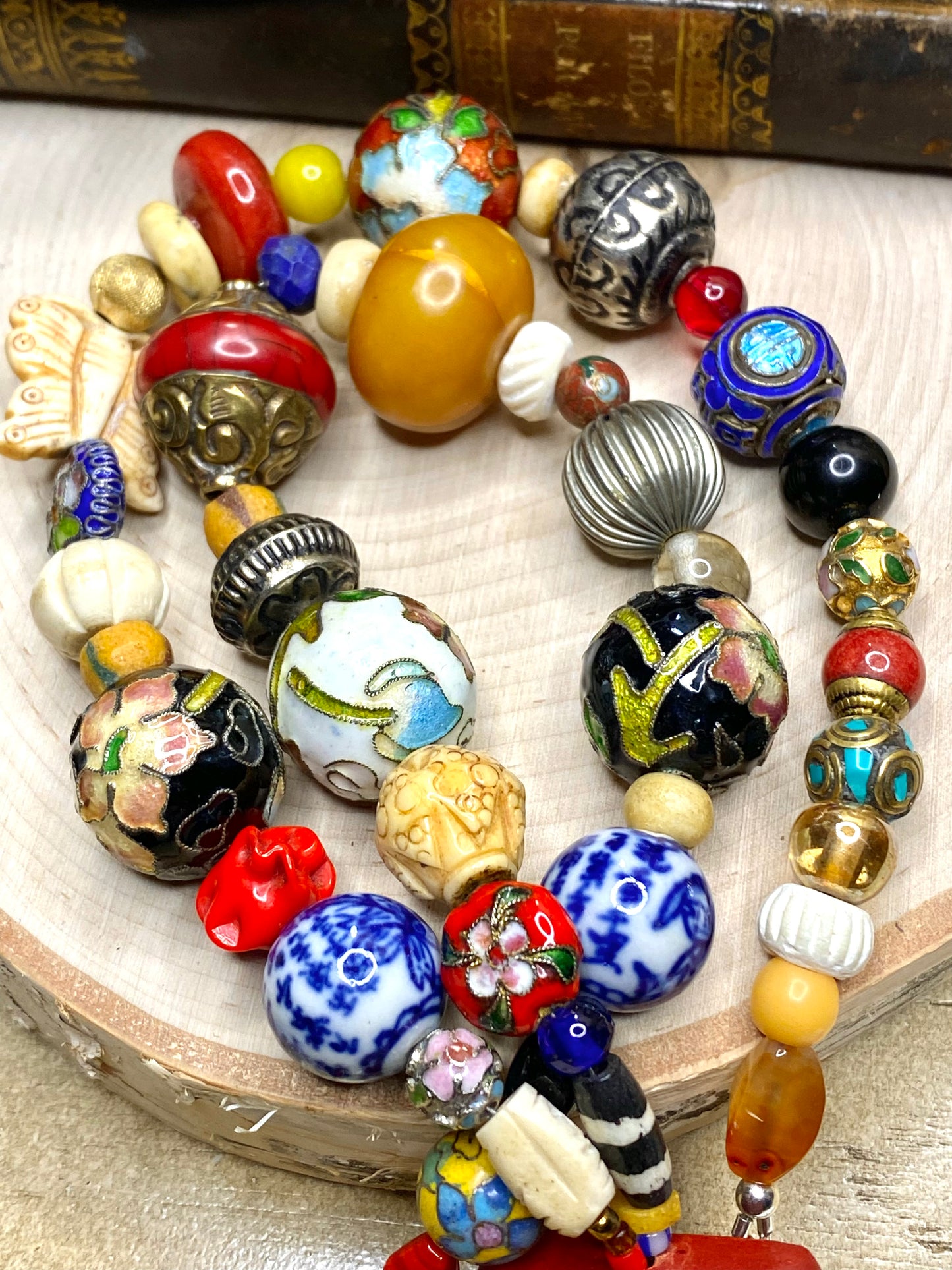 Mosaic bohemian Collage Necklace with Jade Pendant