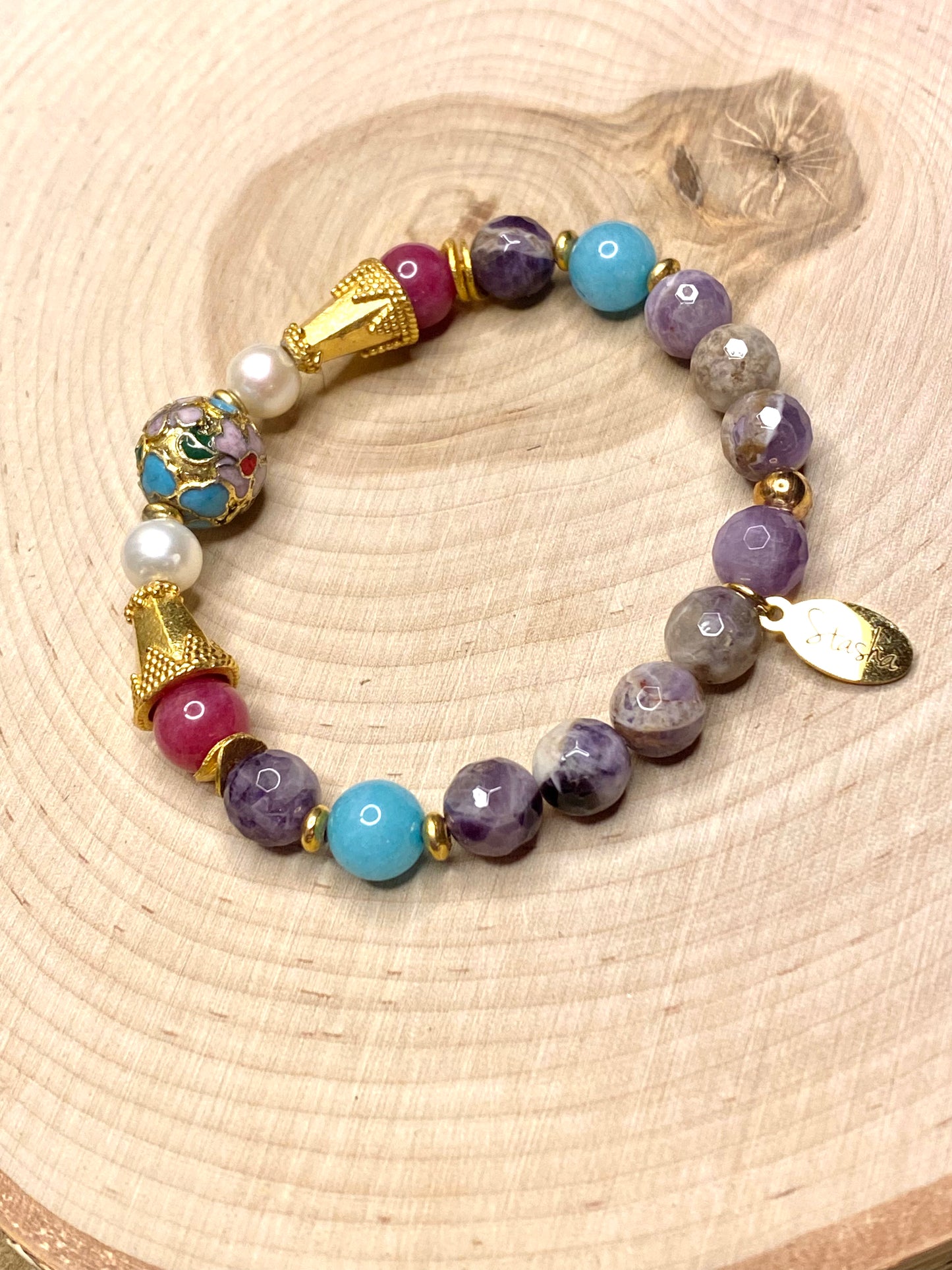 TEST NOT FOR SALE Cloisonné, Pearl, and amethyst bracelet
