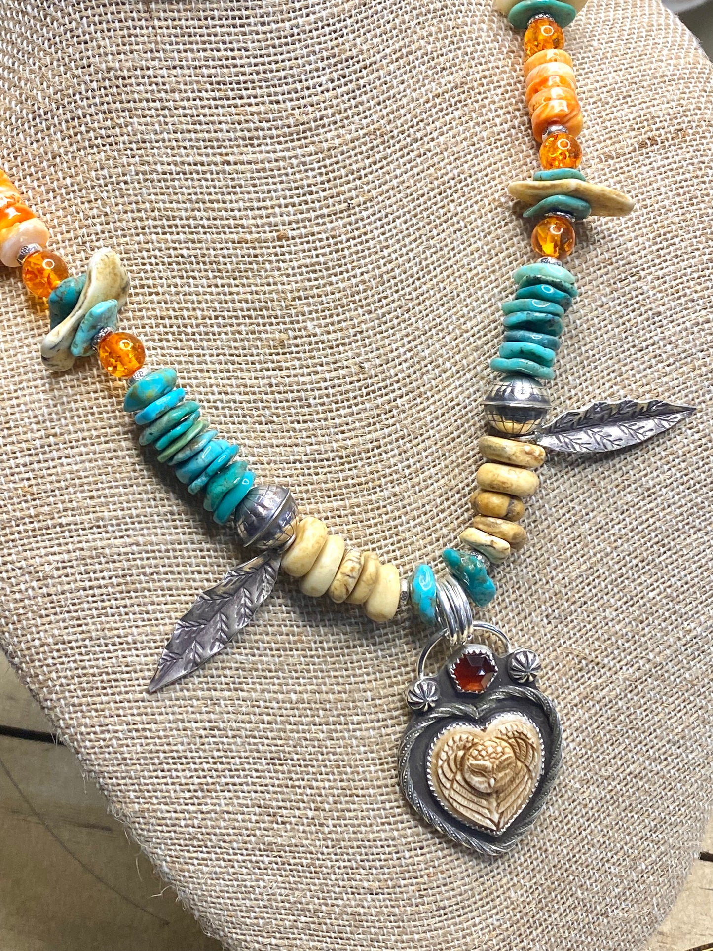 Hand carved owl necklace amber turquoise spiny oyster