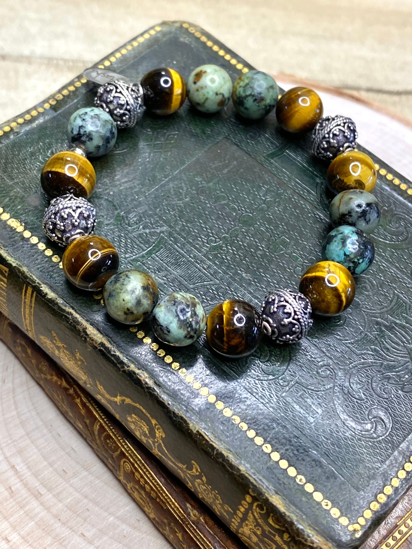 African turquoise, tiger eye and Bali style beads bracelet