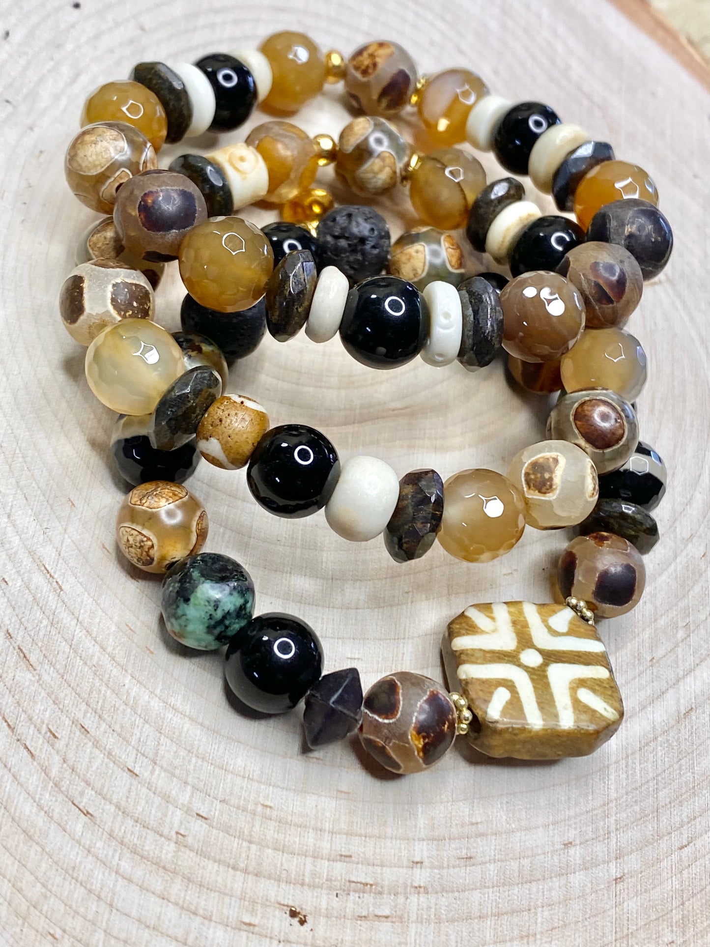 Earthy Tibet, African turquoise, black onyx bead bracelet stack