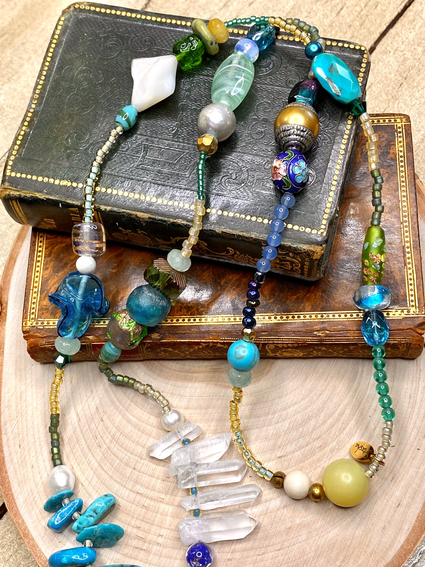 Mosaic “Cara” necklace with turquoise, quartz Crystal,