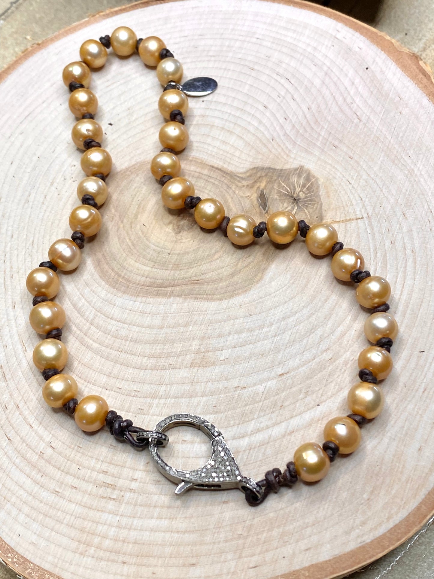 Champagne pearls with Pave diamond clasp necklace on leather