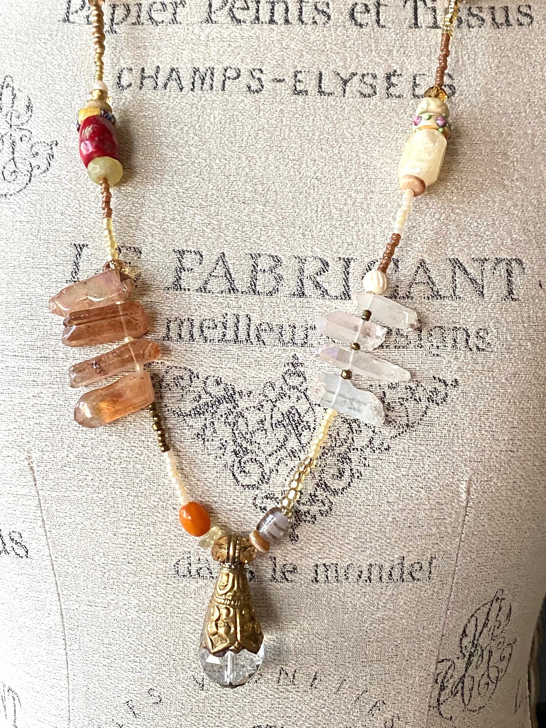 Tibet crystal quartz, seed beed, gems “Cara” necklace