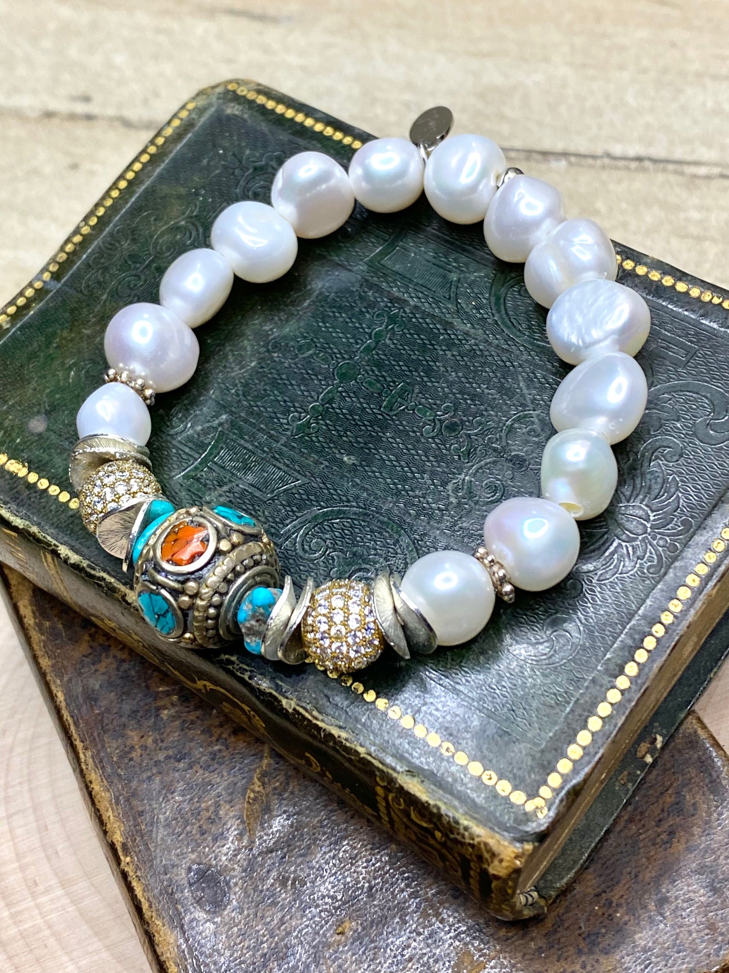 Tibet lapis and coral bead with white pearls bracelet