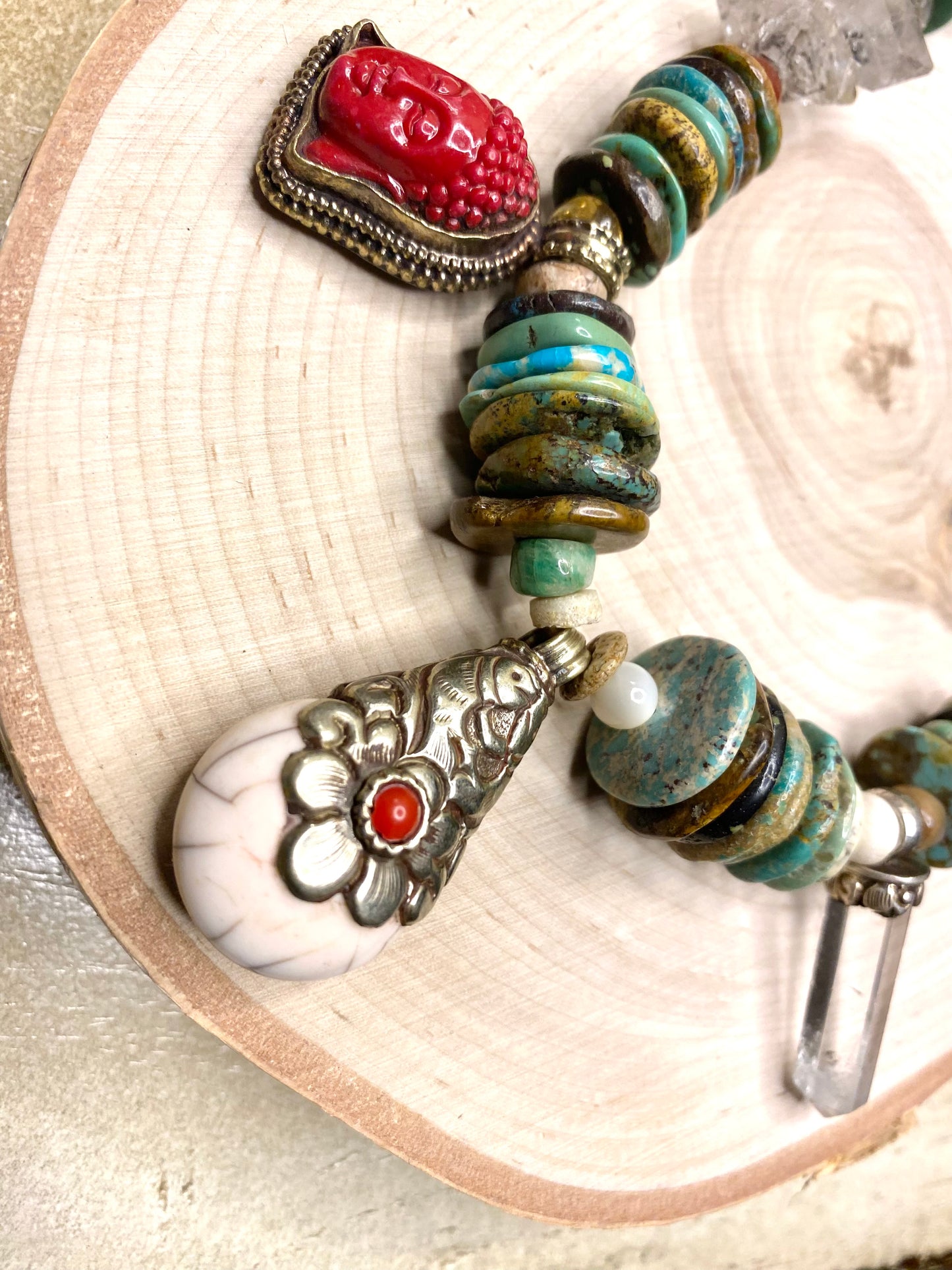 Turquoise necklace with tibet quartz and tibet pendant