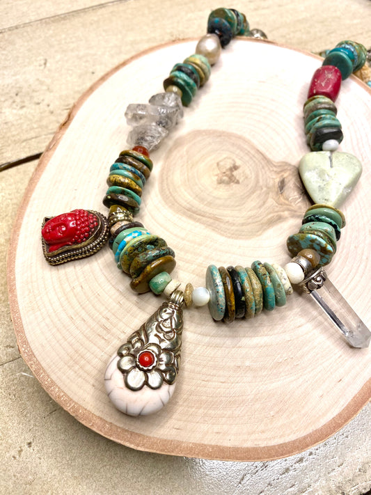 Tibetan necklace with turquoise and herkimer diamonds