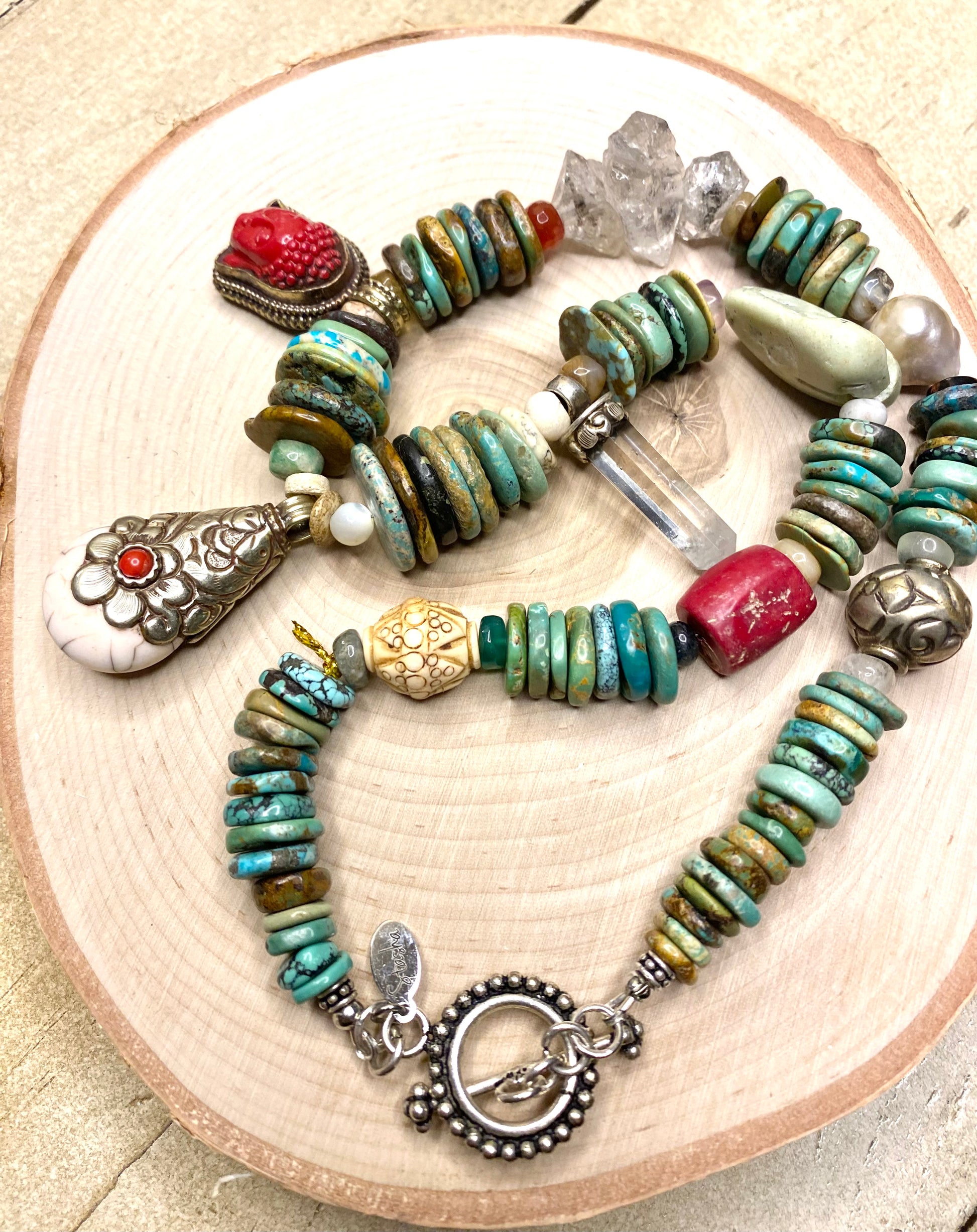 Stasha Jewelry pendant with turquoise and red coral and pearl
