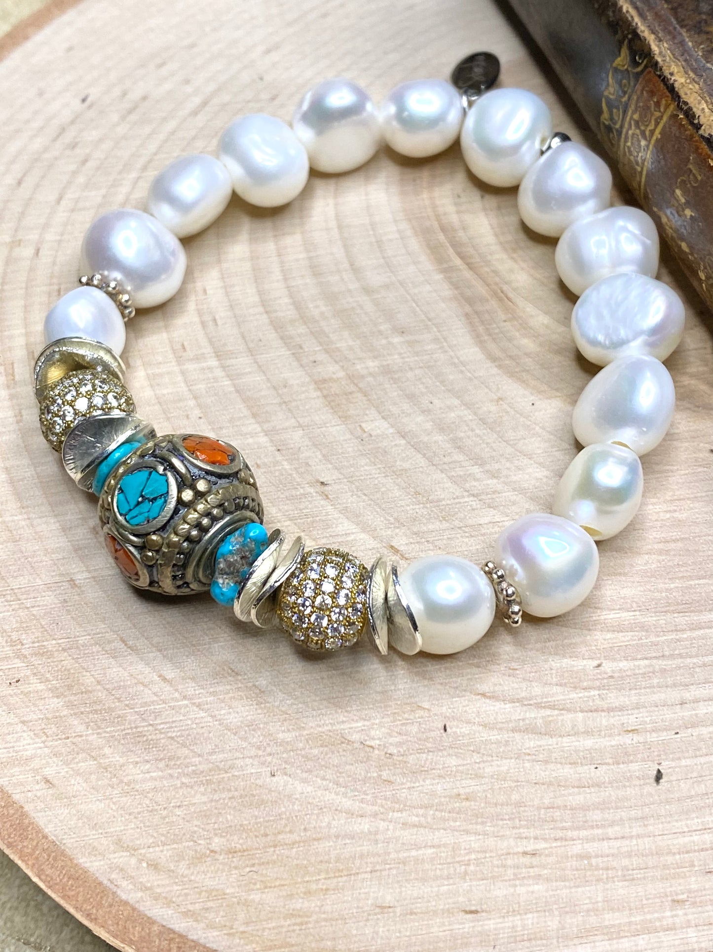 Tibet lapis and coral bead with white pearls bracelet