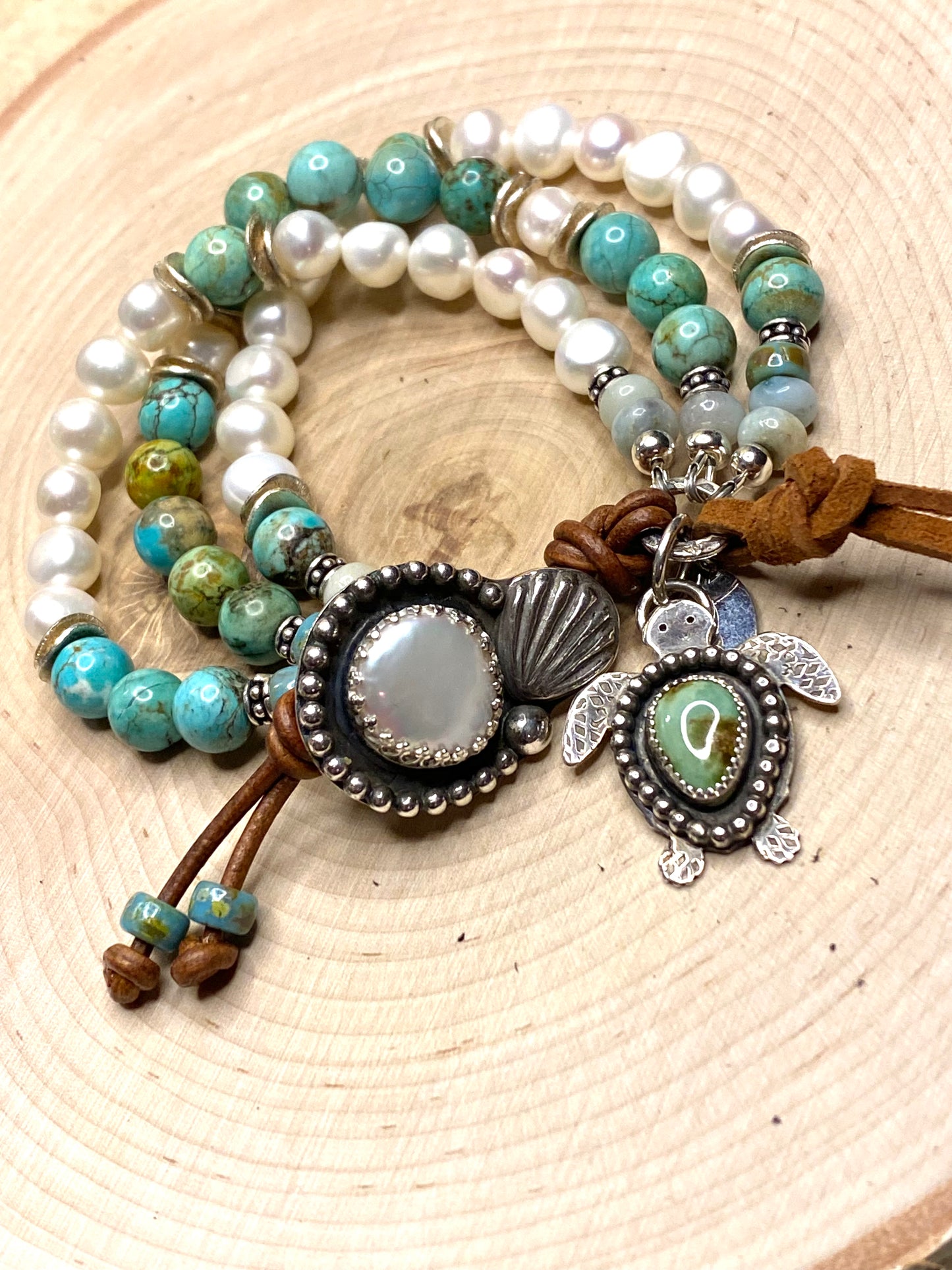 Triple Strand Shell and Turtle charm button bracelet
