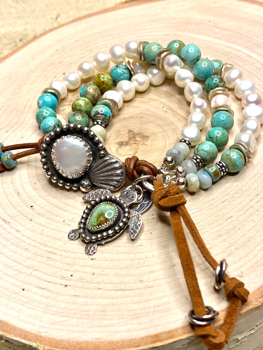 Triple Strand Shell and Turtle charm button bracelet
