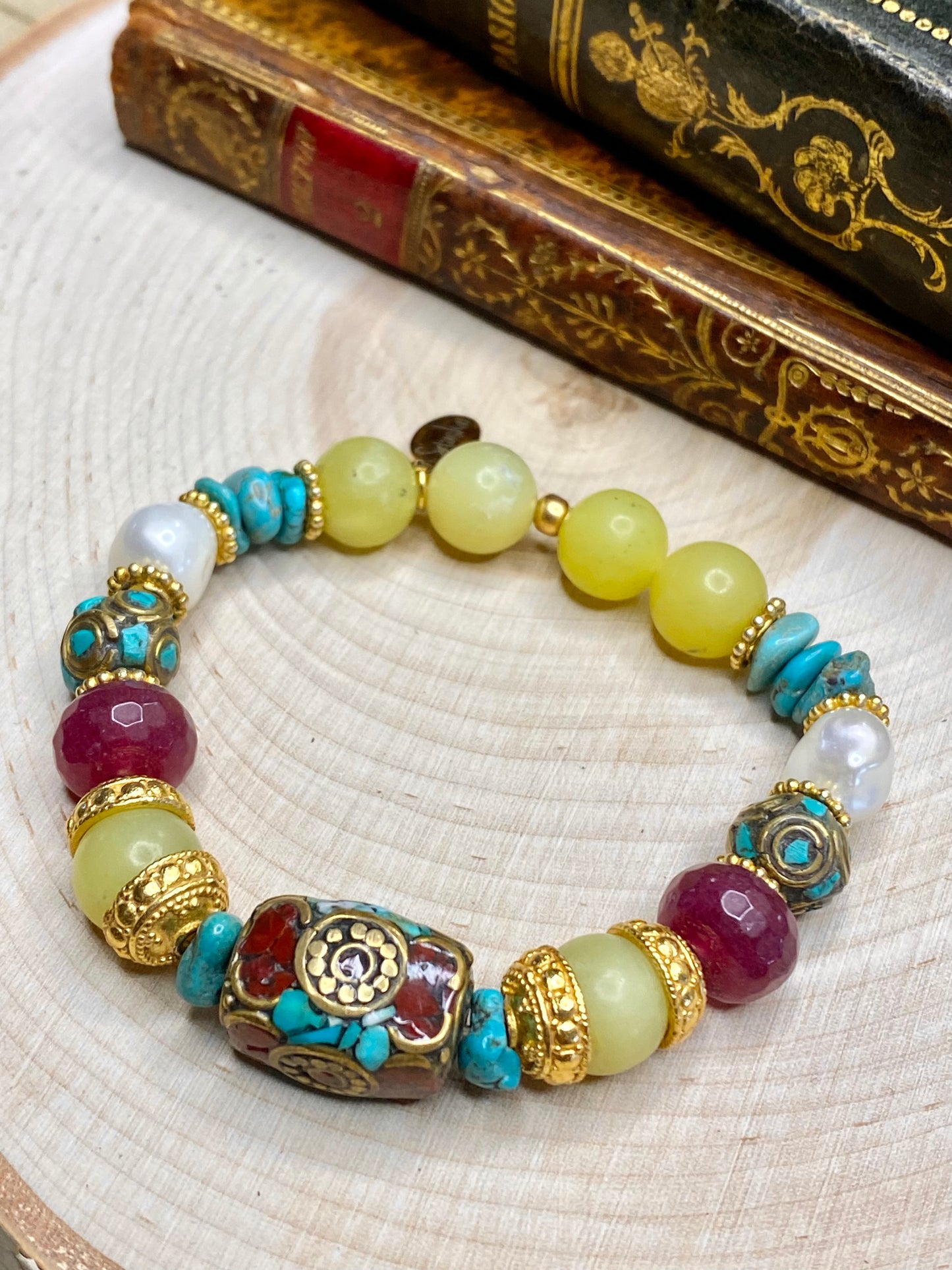 Turquoise, red coral tibet beads and gemstones bracelet stack