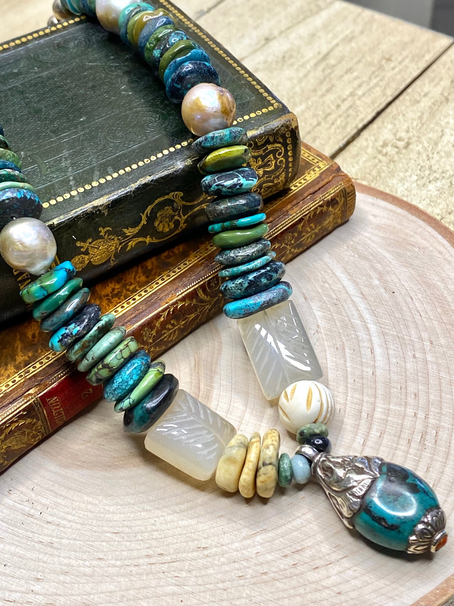 Turquoise and Edison pearl necklace with turquoise Tibet pendant