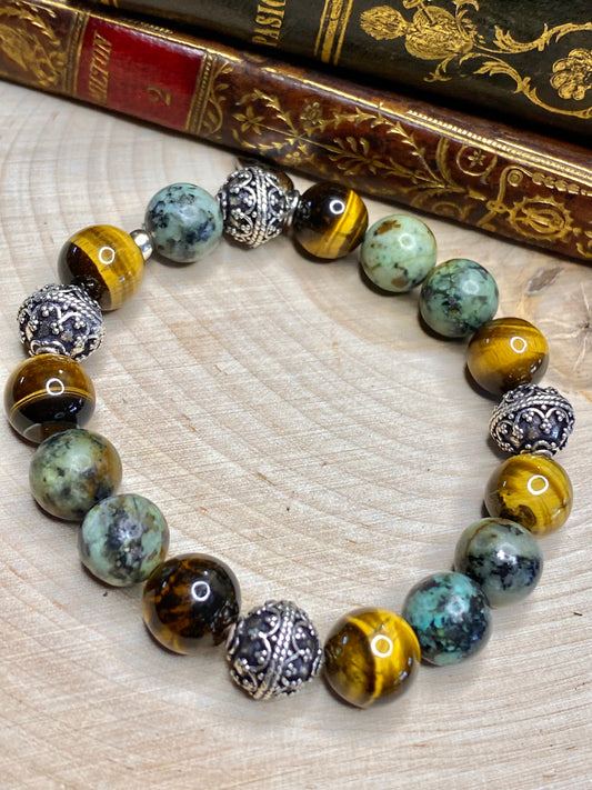 African turquoise, tiger eye and Bali style beads bracelet