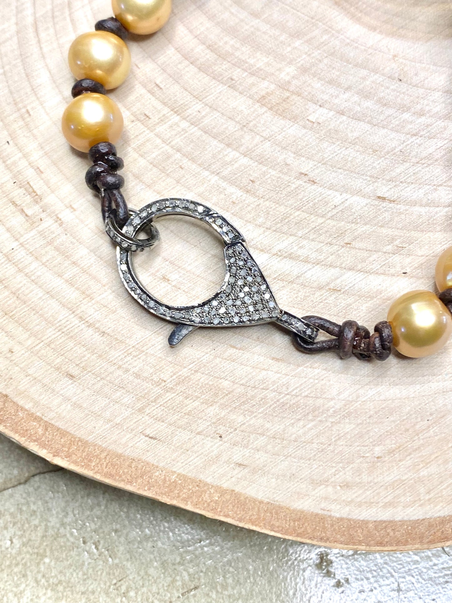 Champagne pearls with Pave diamond clasp necklace on leather