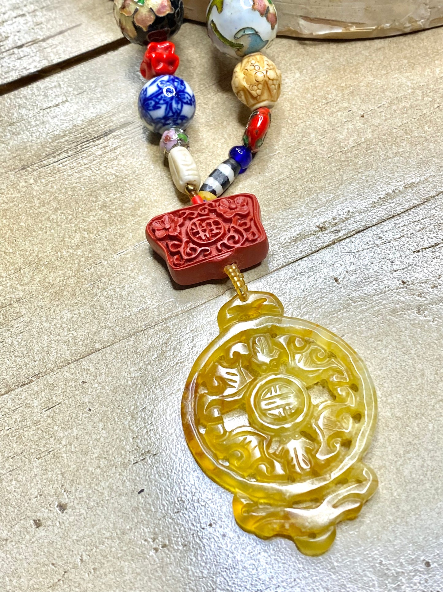 Mosaic bohemian Collage Necklace with Jade Pendant