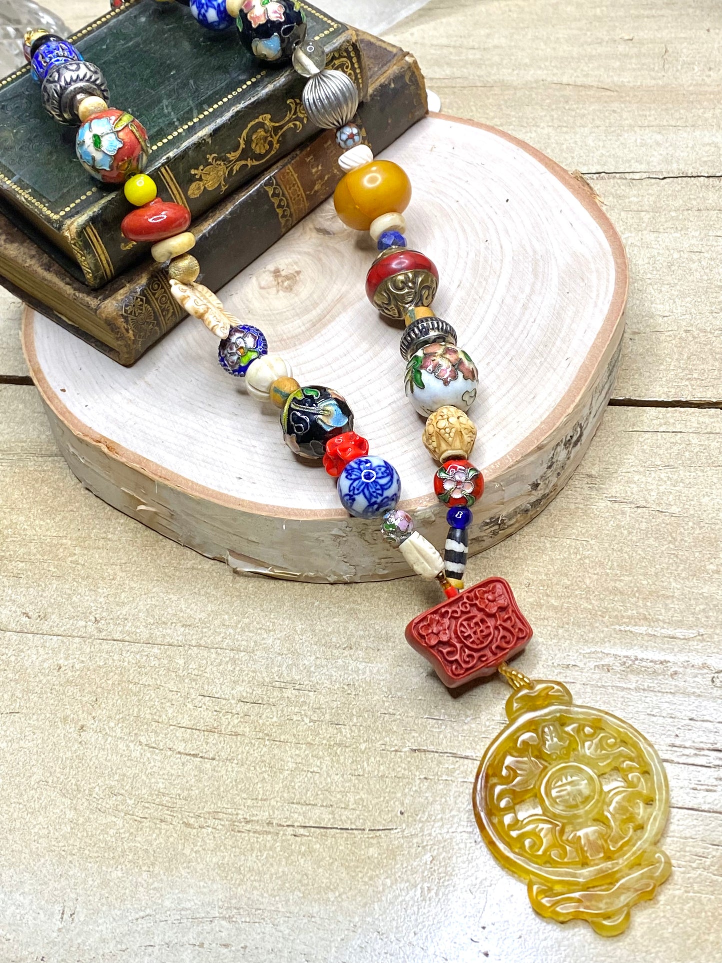 Mosaic bohemian Collage Necklace with Jade Pendant