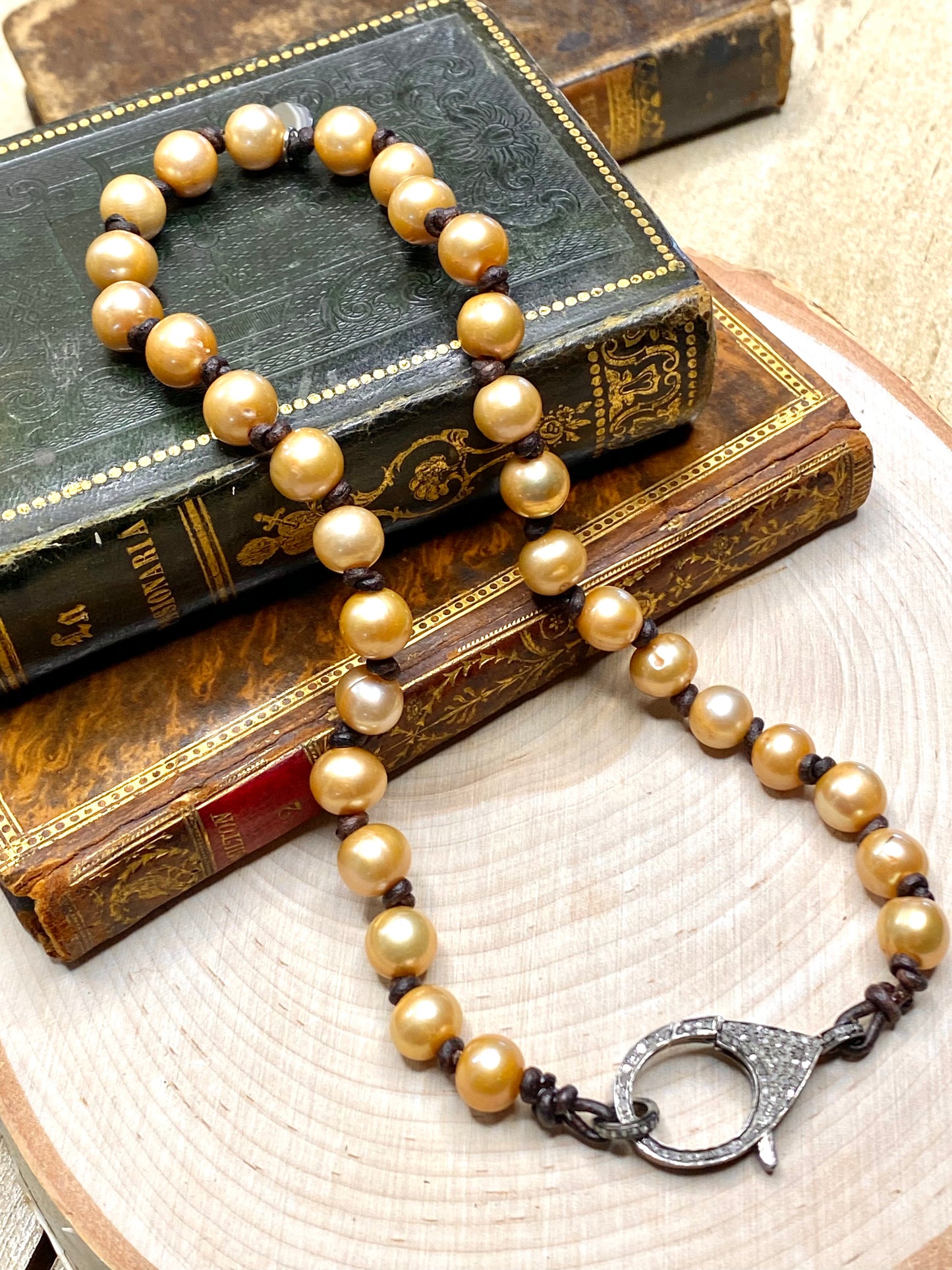 Champagne pearls with Pave diamond clasp necklace on leather