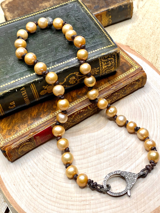Champagne pearls with Pave diamond clasp necklace on leather