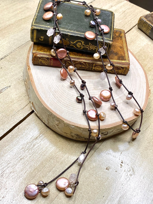 Stasha Soulstring of coin pearls and rose quartz lariat necklace