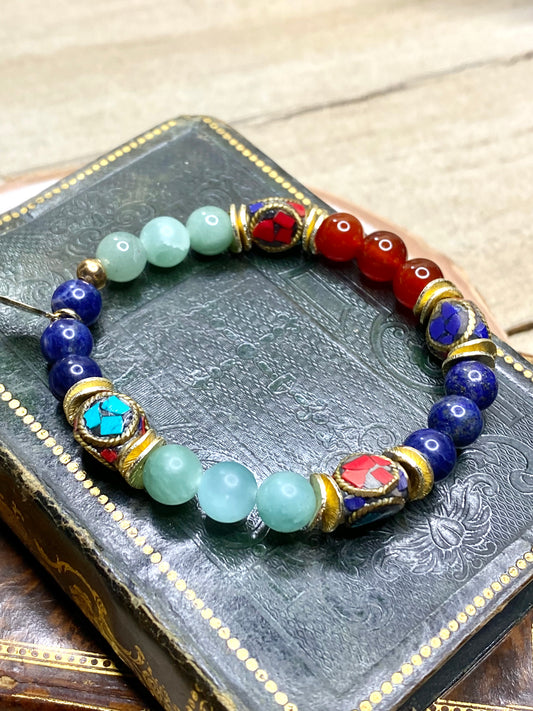 Turquoise, lapis red coral Tibet bead bracelet