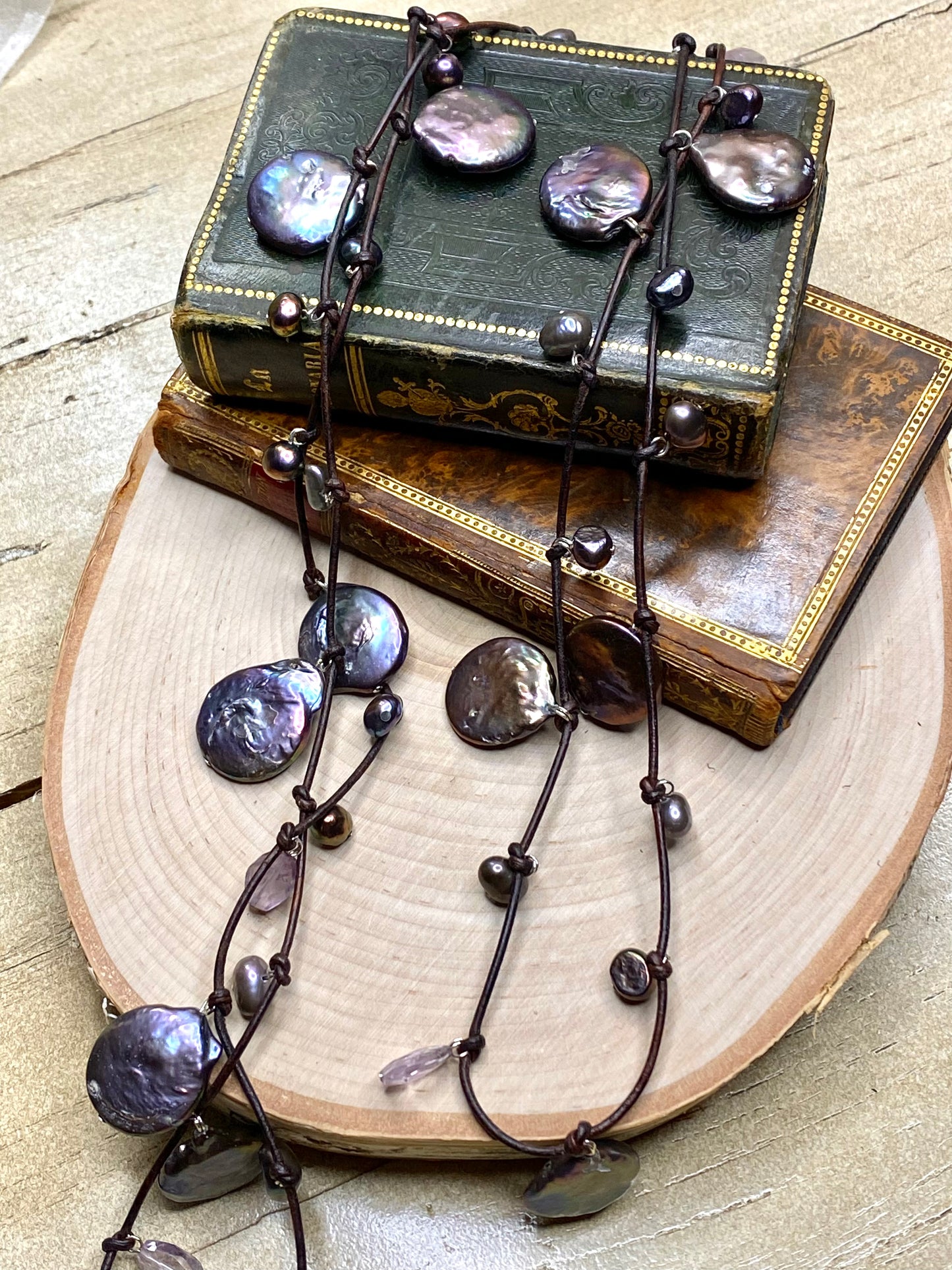 Stasha Soulstring of coin pearls and amethyst lariat necklace