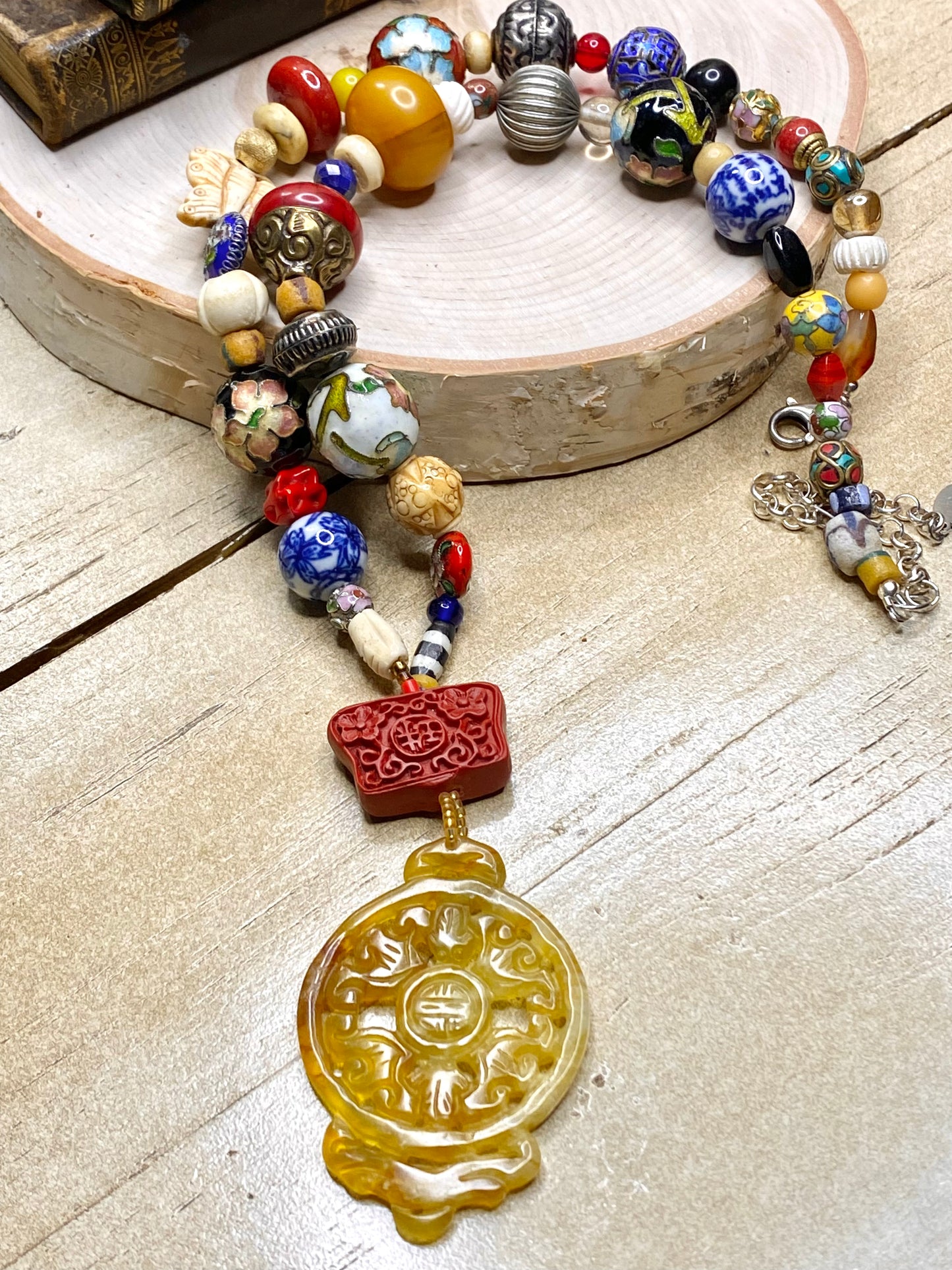 Mosaic bohemian Collage Necklace with Jade Pendant