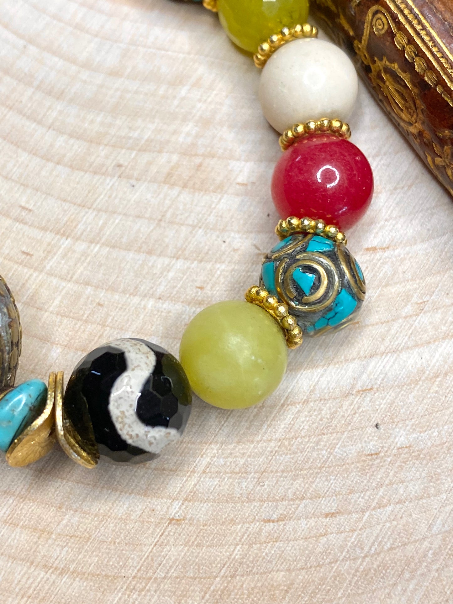 Turquoise, red coral tibet beads and gemstones bracelet stack