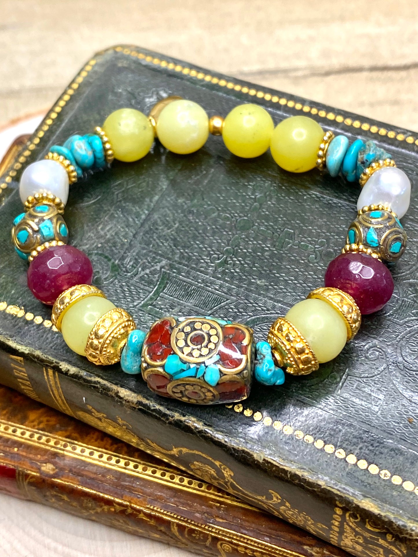 Turquoise, red coral tibet beads and gemstones bracelet stack