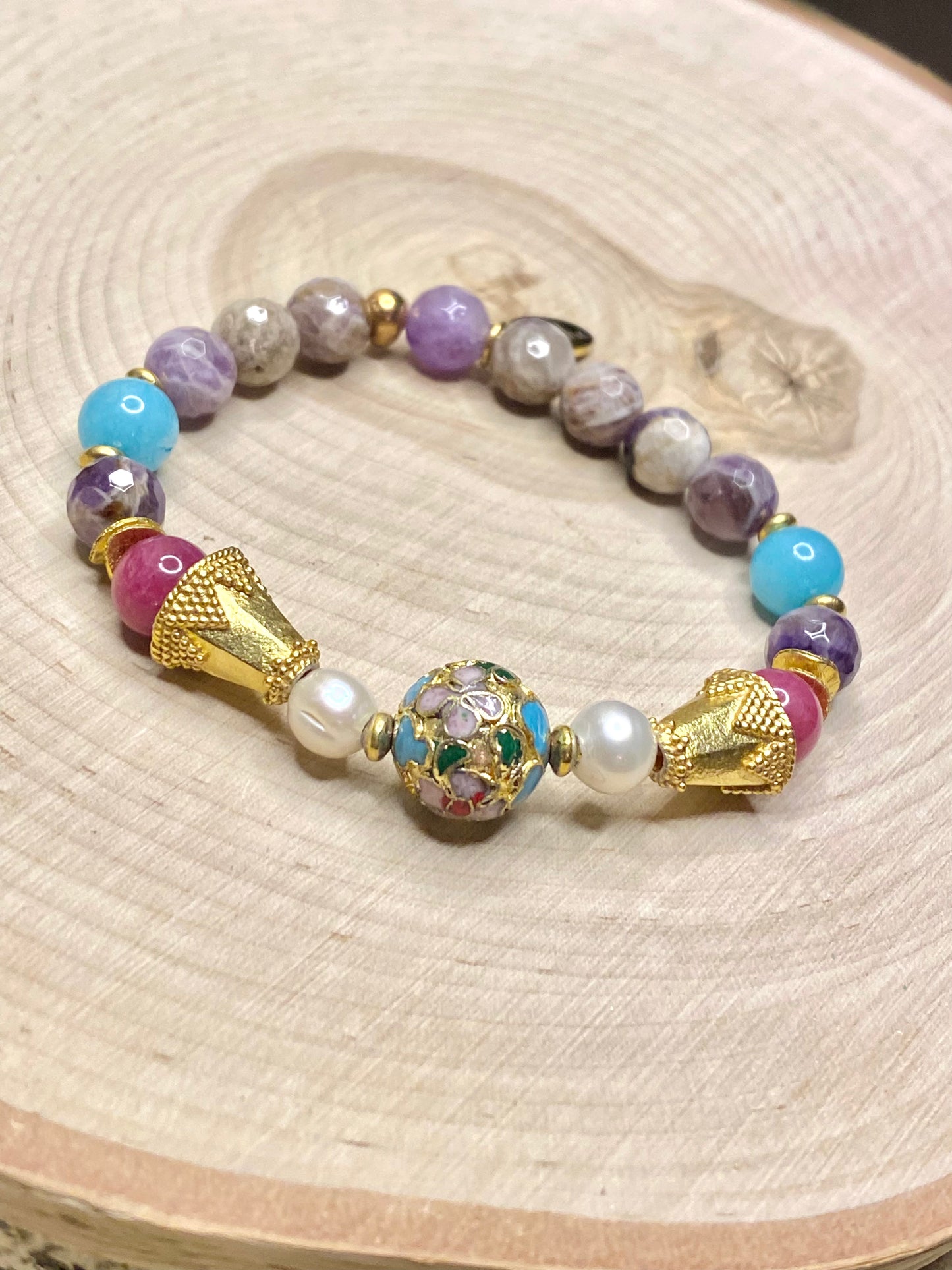 TEST NOT FOR SALE Cloisonné, Pearl, and amethyst bracelet