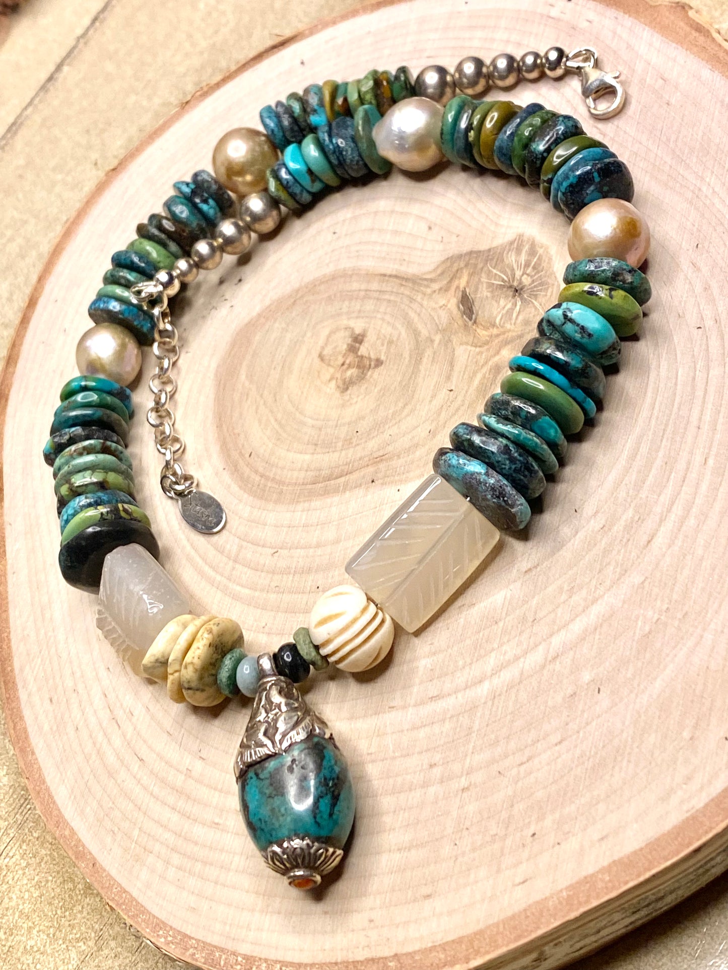 Turquoise and Edison pearl necklace with turquoise Tibet pendant