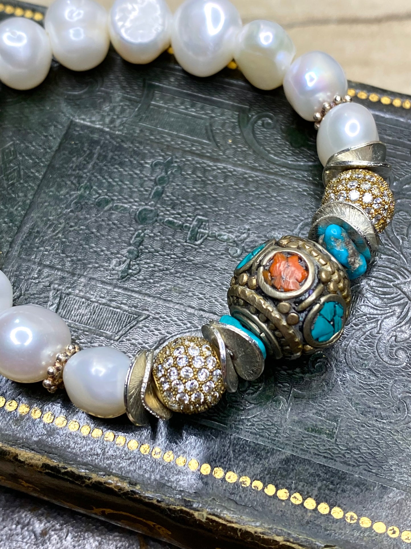 Tibet lapis and coral bead with white pearls bracelet