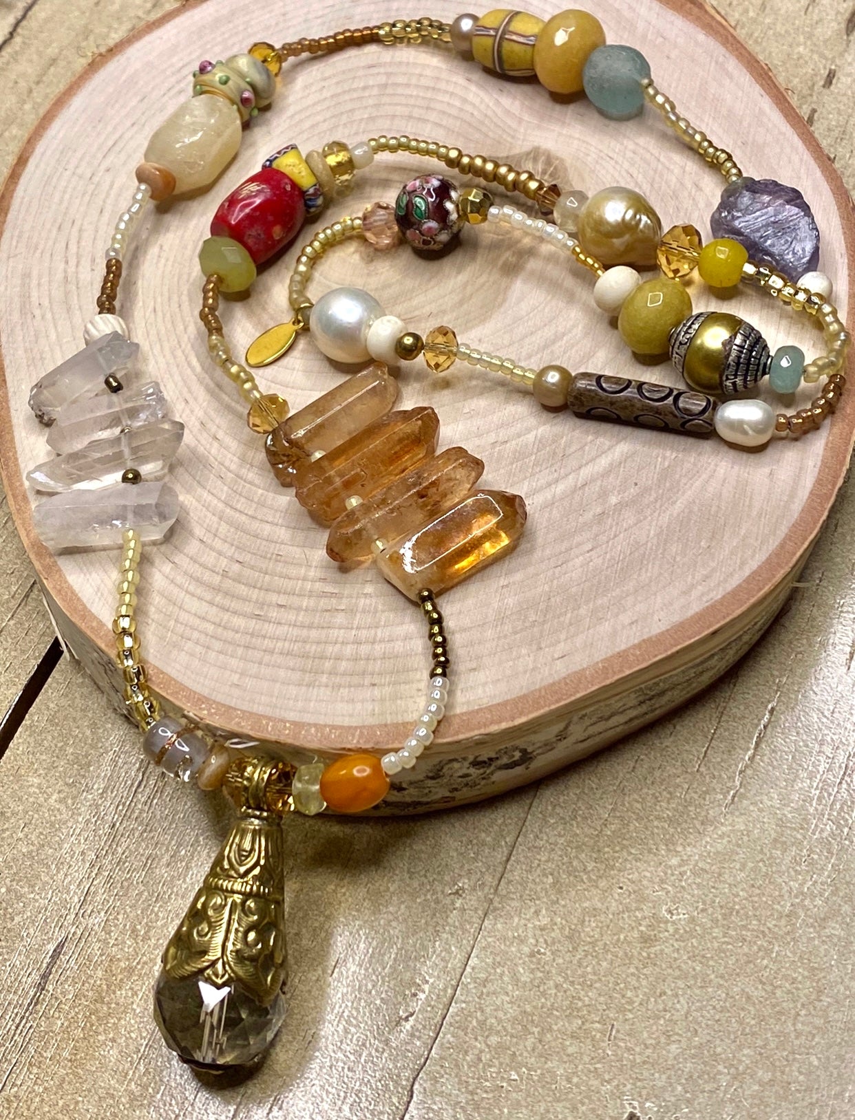 Tibet crystal quartz, seed beed, gems “Cara” necklace