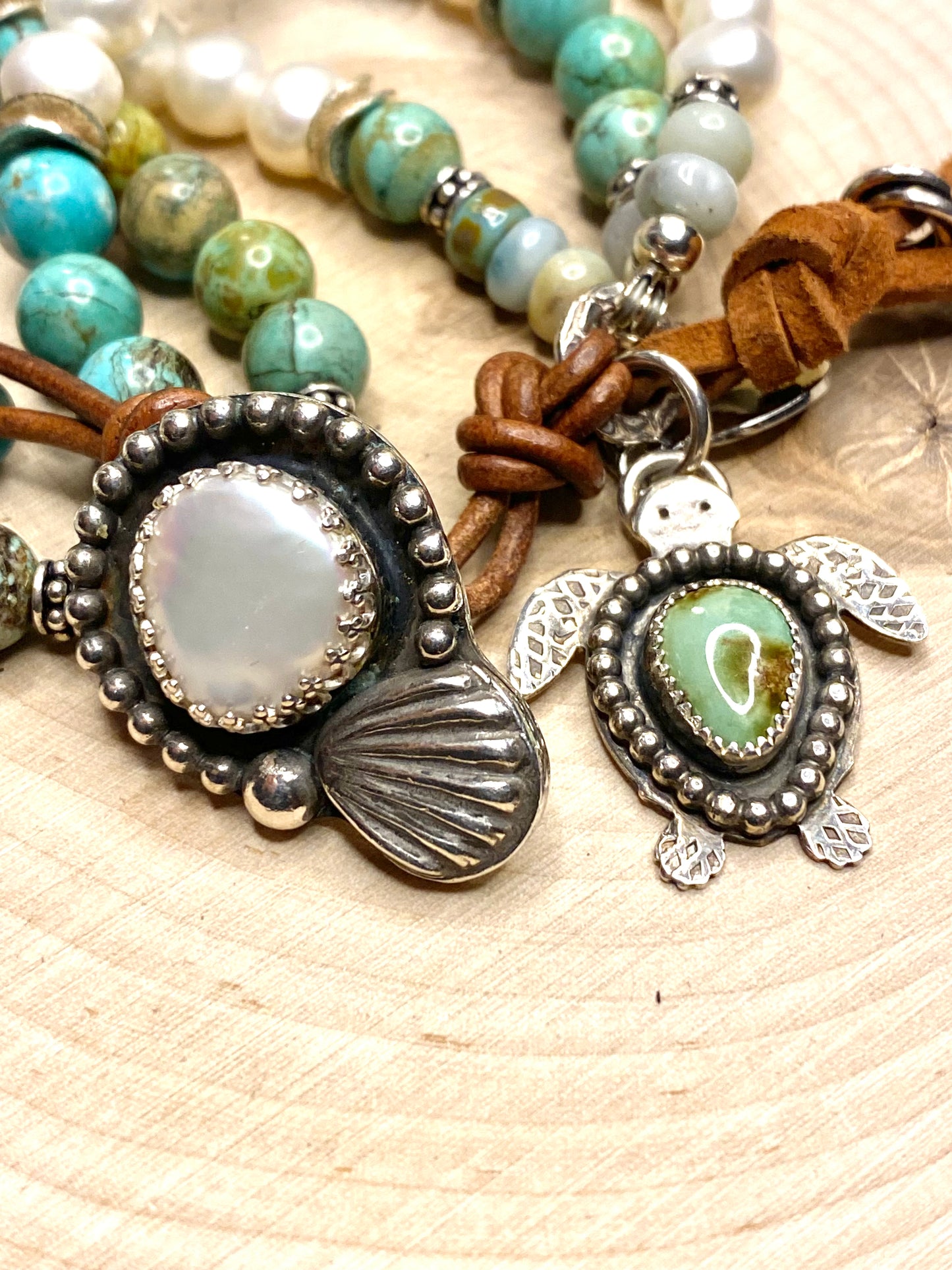 Triple Strand Shell and Turtle charm button bracelet