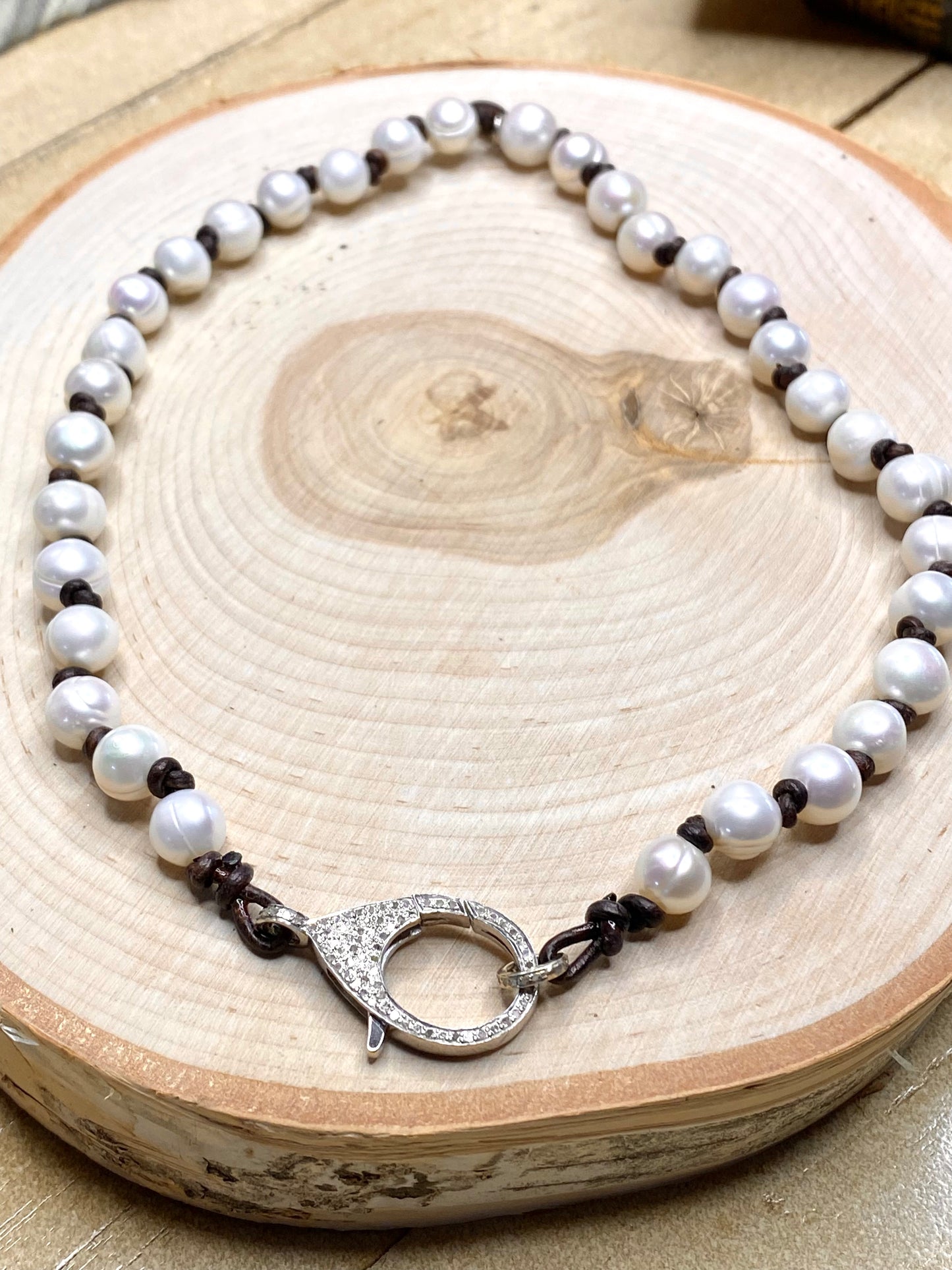 White pearls with Pave diamond clasp necklace on leather