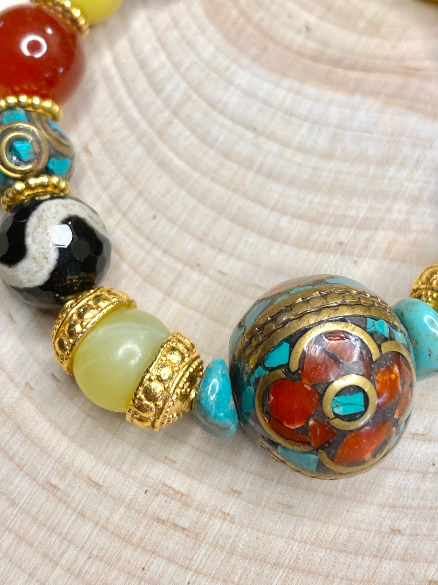 Turquoise, red coral tibet beads and gemstones bracelet stack