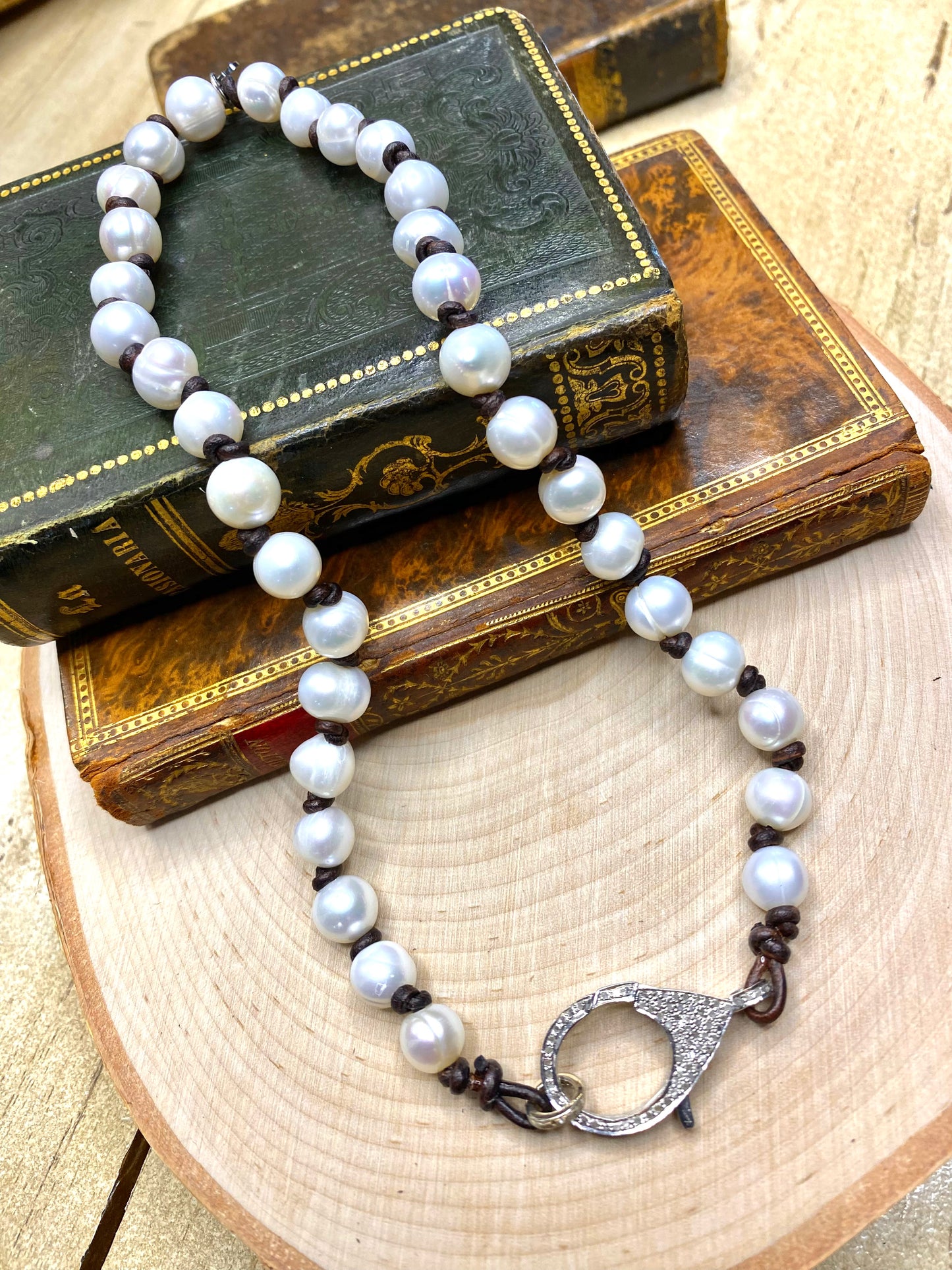 White pearls with Pave diamond clasp necklace on leather