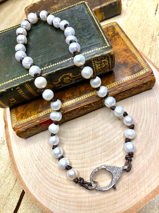 White pearls with Pave diamond clasp necklace on leather