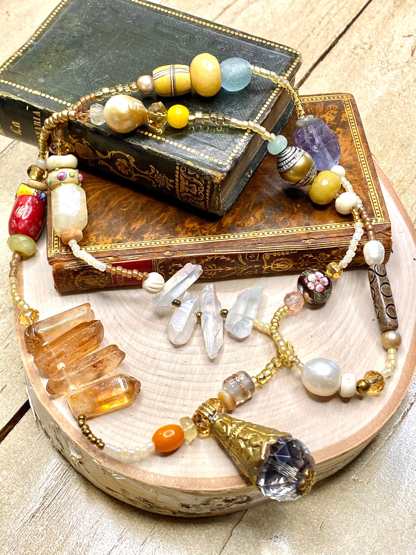 Tibet crystal quartz, seed beed, gems “Cara” necklace