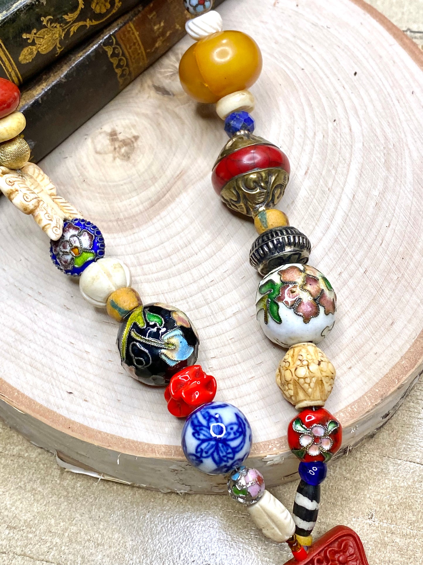 Mosaic bohemian Collage Necklace with Jade Pendant