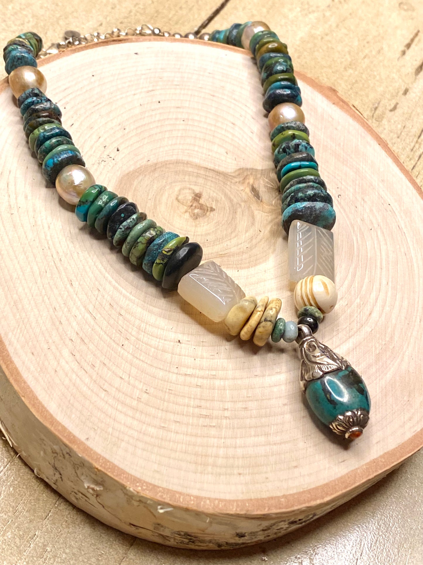 Turquoise and Edison pearl necklace with turquoise Tibet pendant
