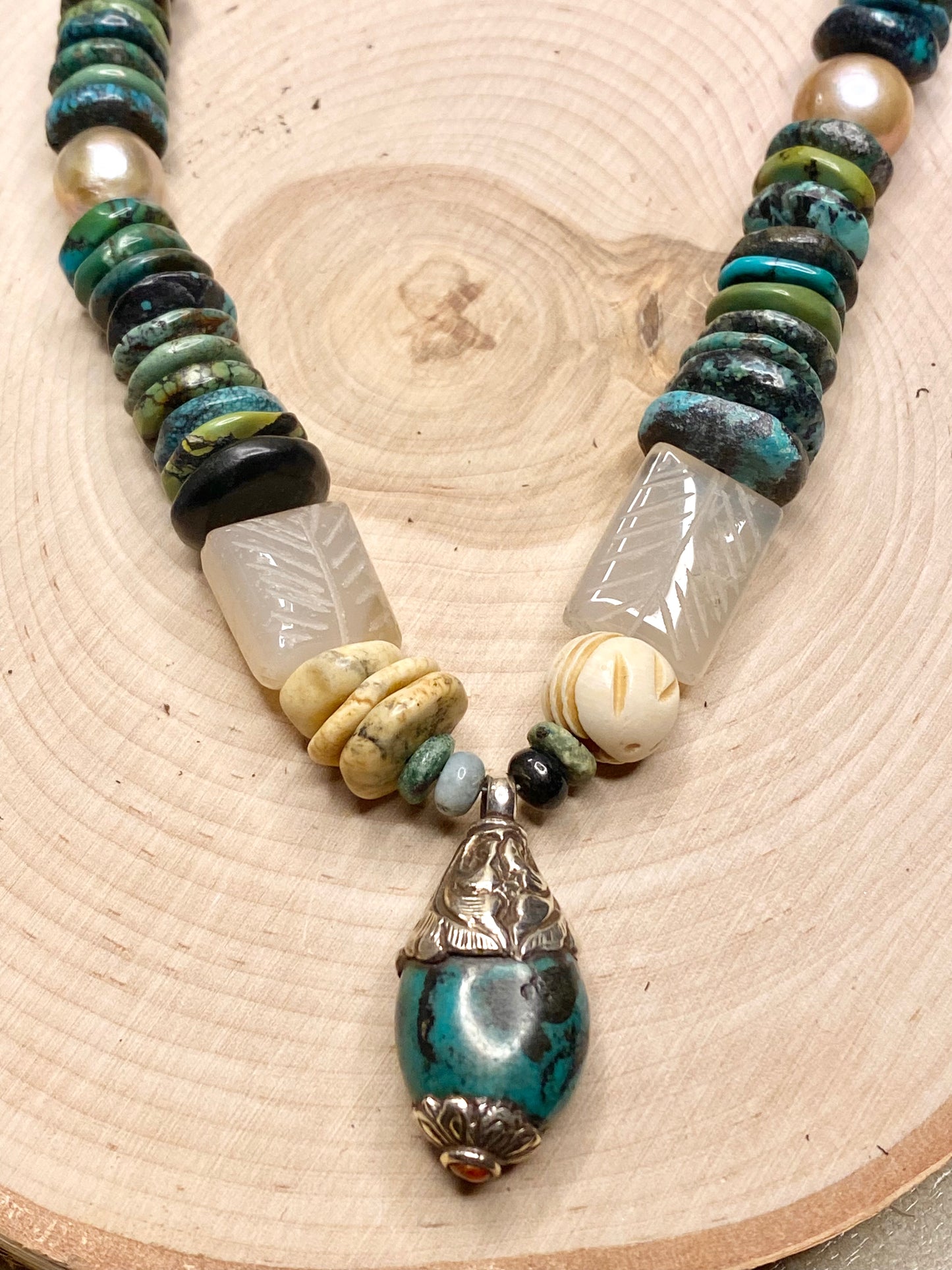 Turquoise and Edison pearl necklace with turquoise Tibet pendant