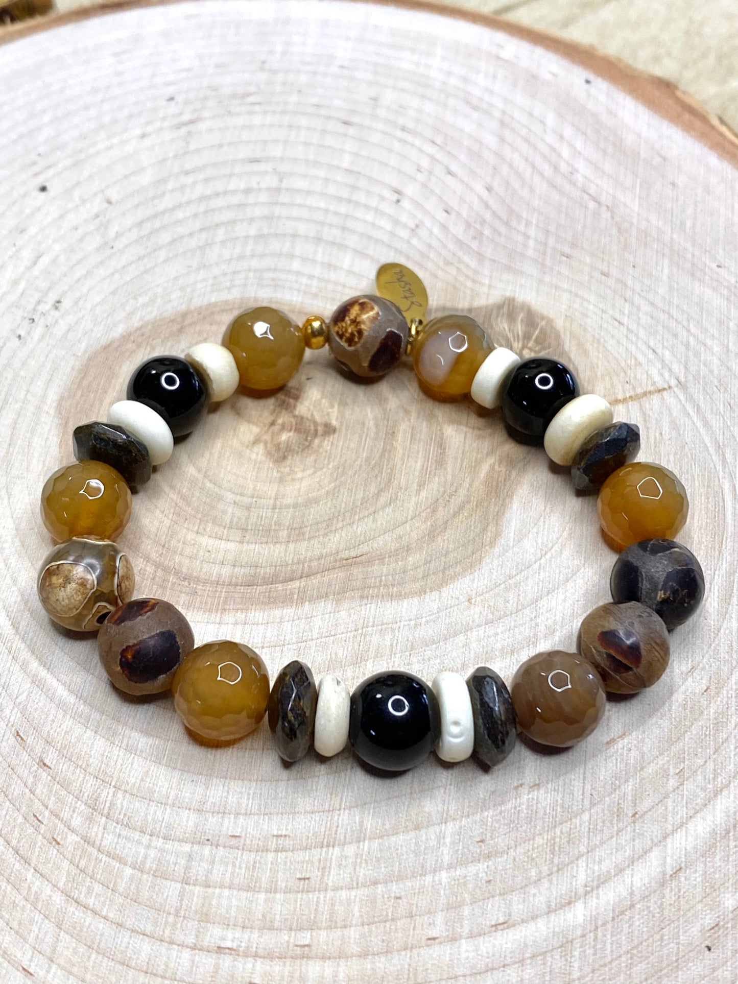 Earthy Tibet, African turquoise, black onyx bead bracelet stack