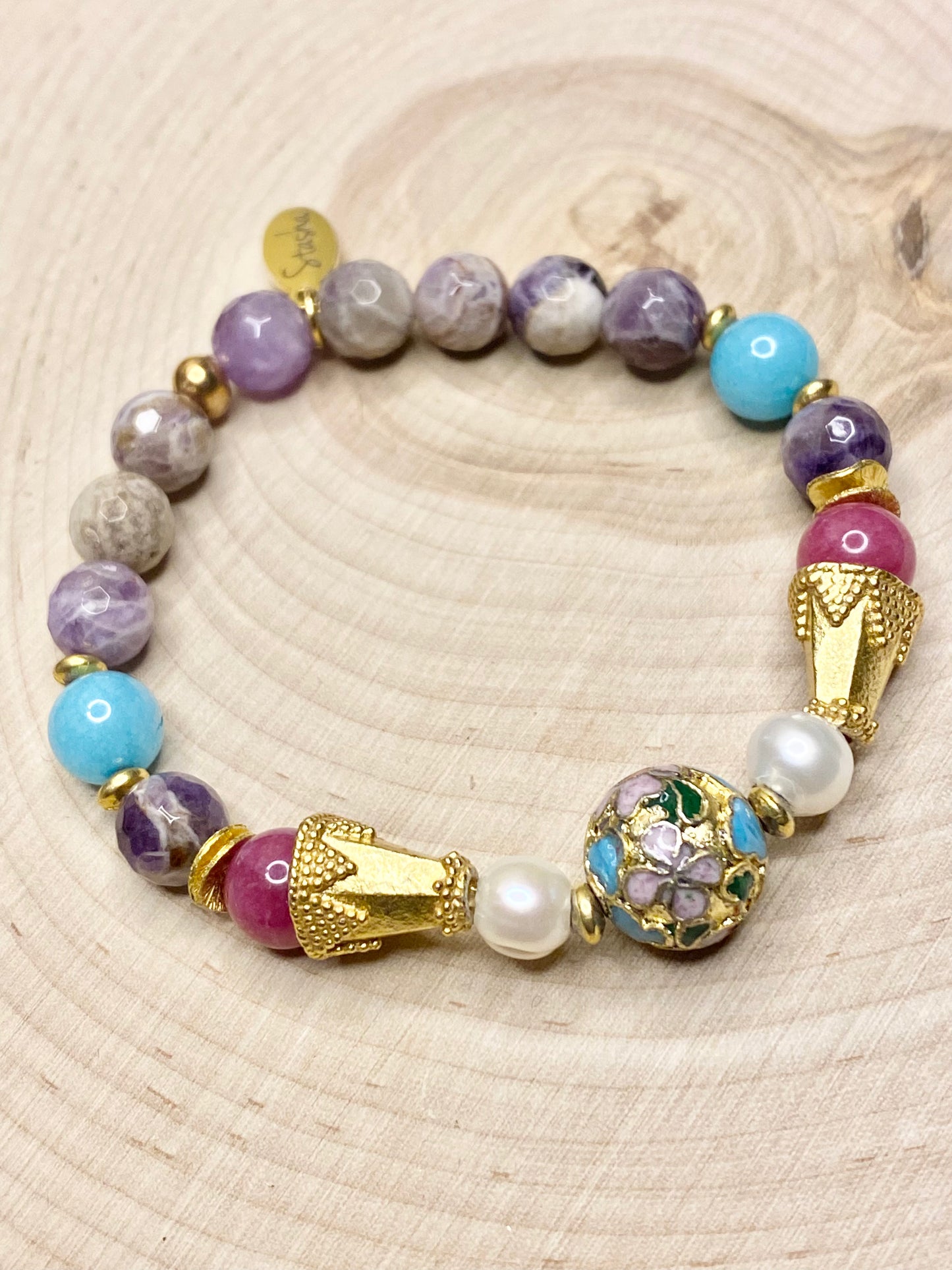 TEST NOT FOR SALE Cloisonné, Pearl, and amethyst bracelet