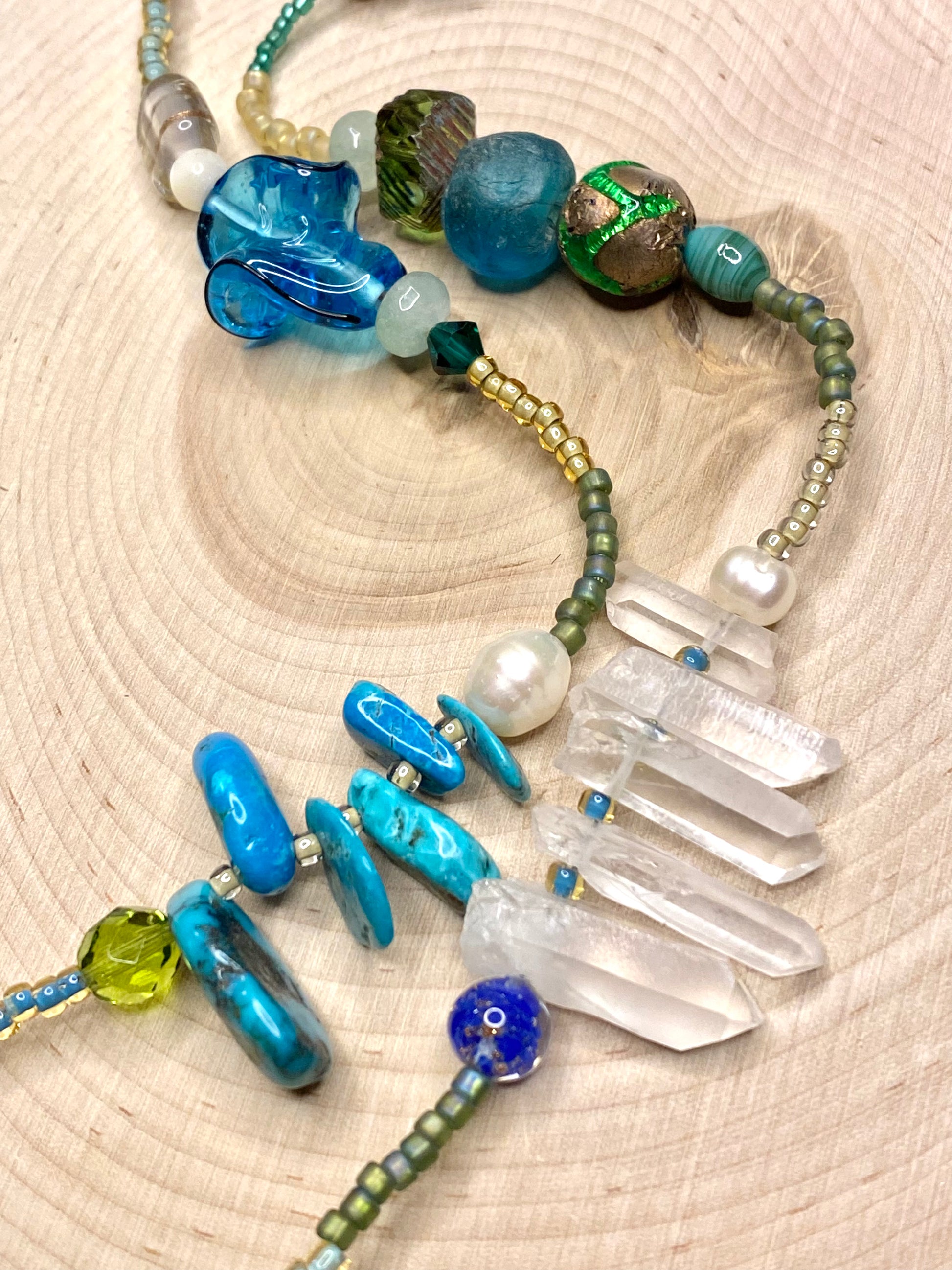 quartz crystals and turquoise stones