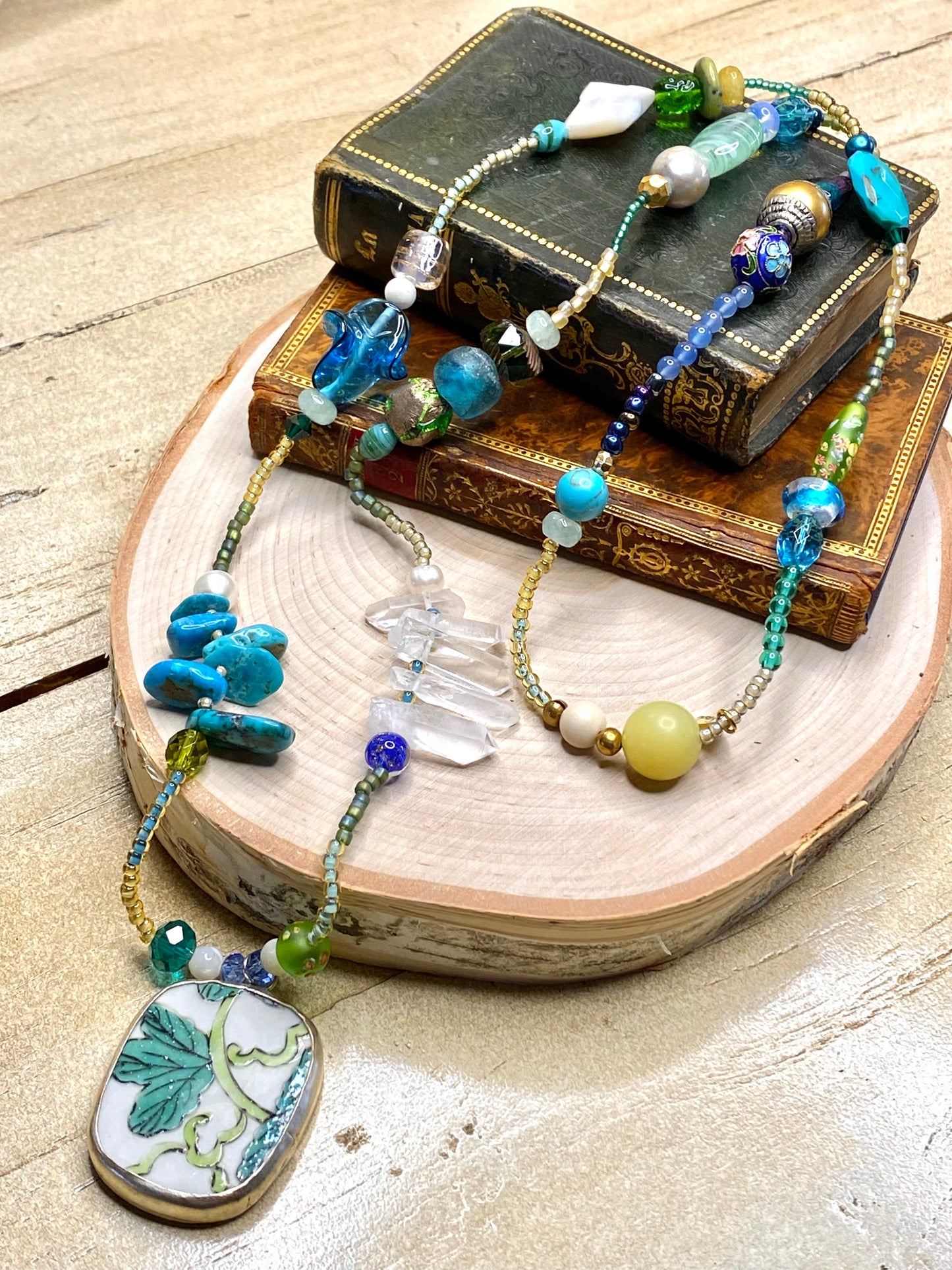 Mosaic “Cara” necklace with turquoise, quartz Crystal,