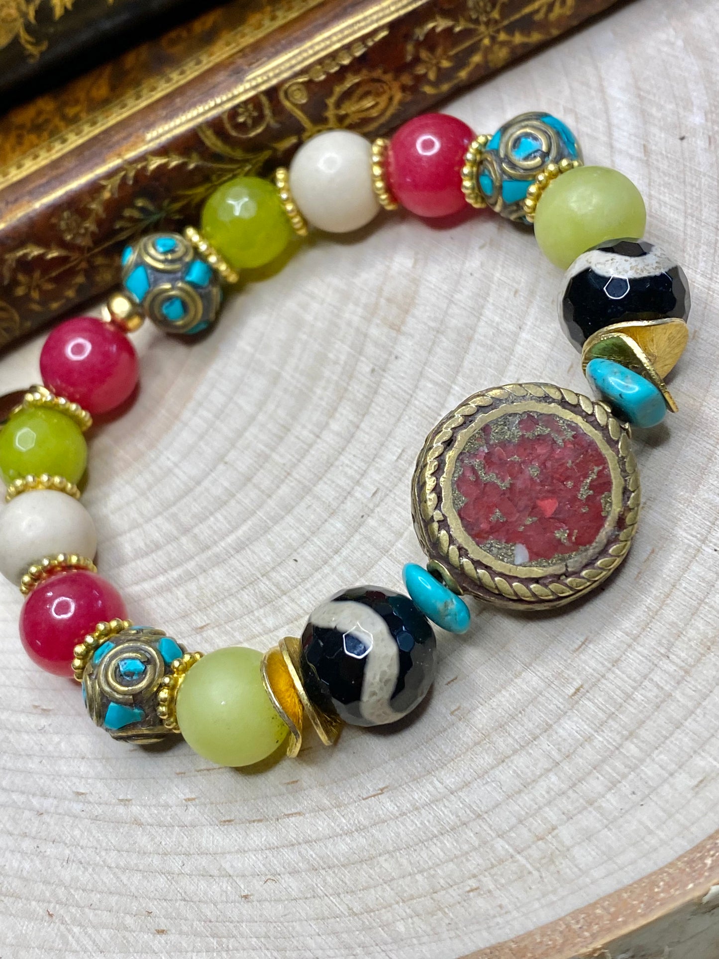 Turquoise, red coral tibet beads and gemstones bracelet stack