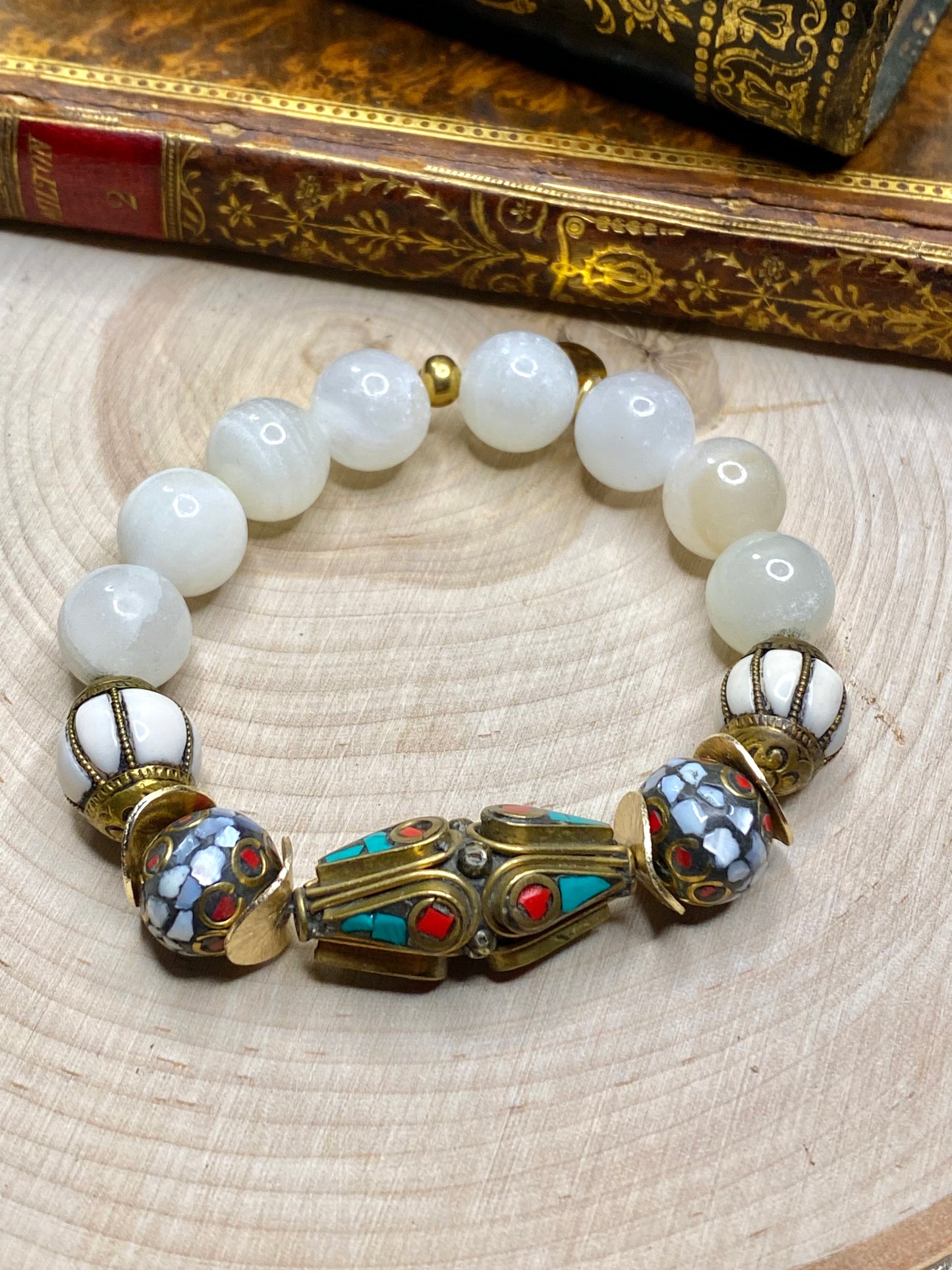Tibetan bead bracelet with turquoise, red coral, mother of pearl inlays