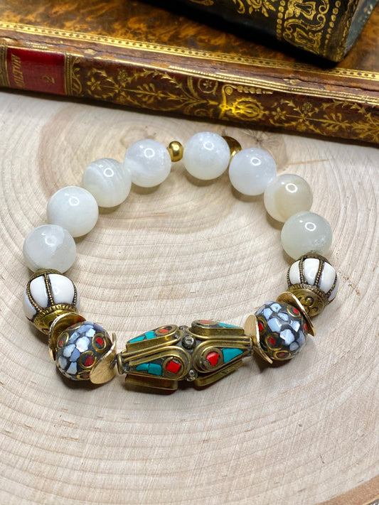 Tibetan bead bracelet with turquoise, red coral, mother of pearl inlays