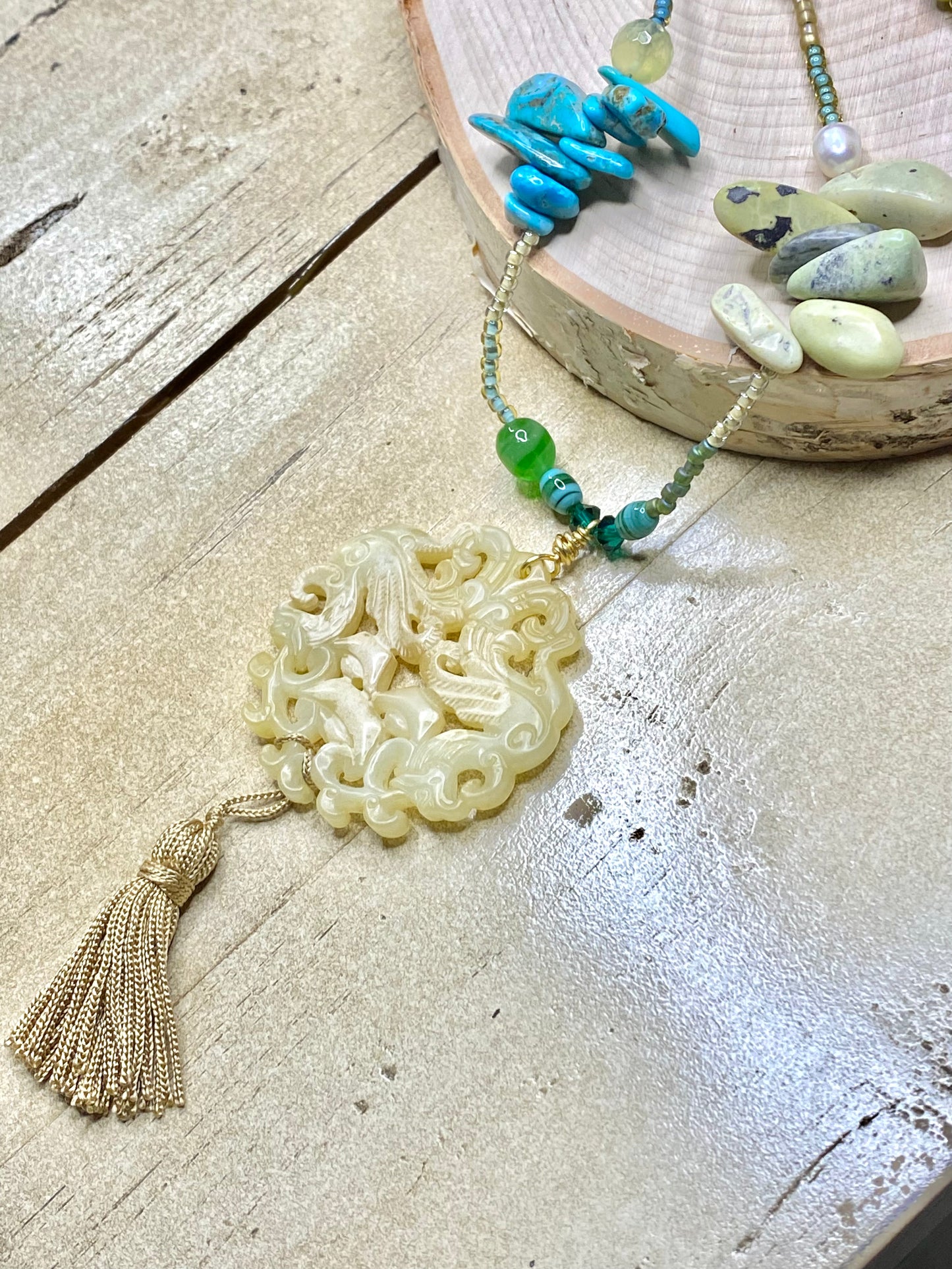 Mosaic “Cara” Necklace with Jade Pendant